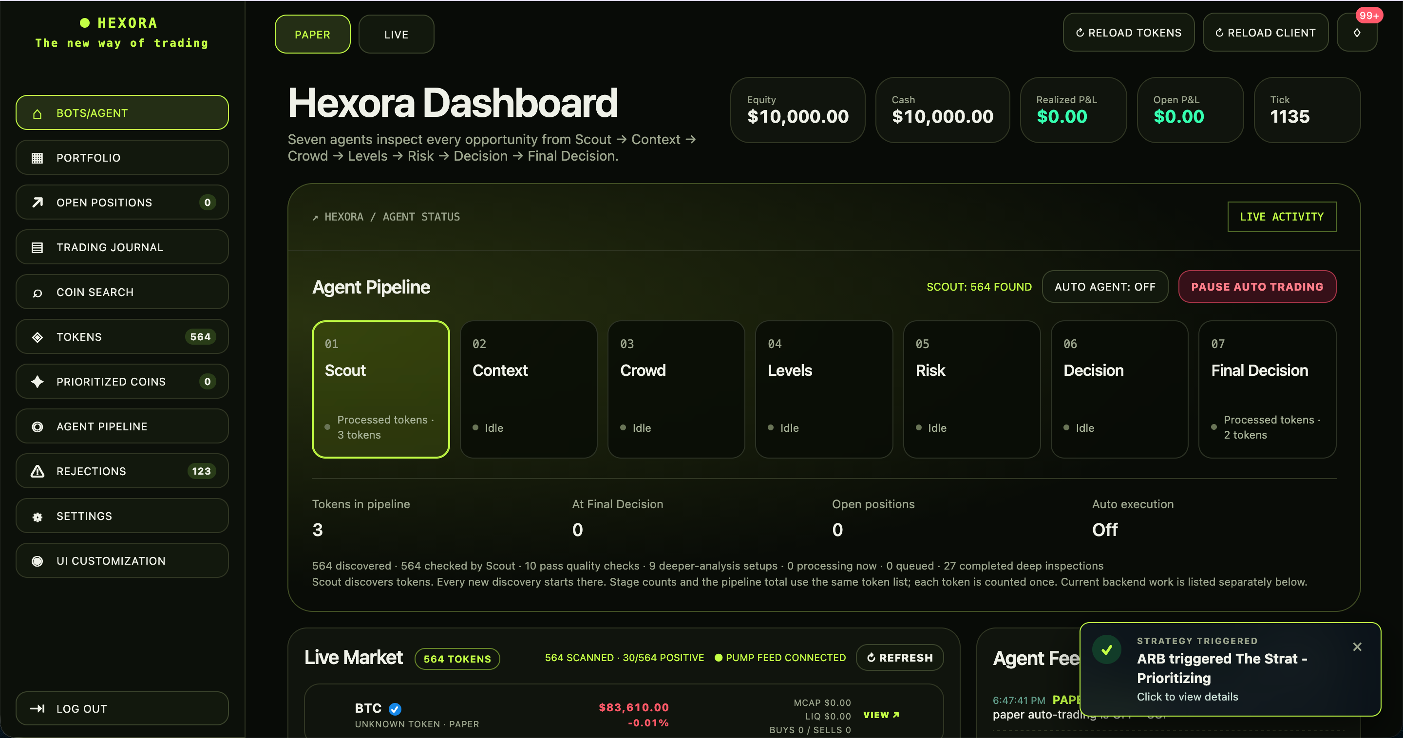 Hexora Trading City dashboard with agent pipeline and market feed